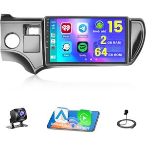 [4-Core 64G] Android 15 Car Stereo for Toyota Prius C 2012 2013 2014, Hikity 9'' Touch Screen Prius C Car Radio Wireless CarPlay Android Auto GPS Mirror Link 5G WiFi Bluetooth FM/EQ/RDS Backup Cam+MIC