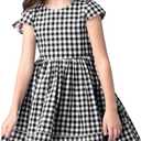 KYMIDY Girls Casual Dress Short Sleeve Buffalo Check Red White Plaid Dresses for Kids 2-8 Years, 8T