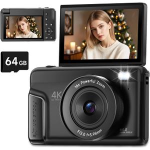 4K Digital Camera for Photography, Autofocus 64MP Vlogging Camera for YouTube with 3" 180 Flip Screen, 16X Zoom Compact Travel Point and Shoot Camera with Flash for Beginners, 64GB Card, Black
