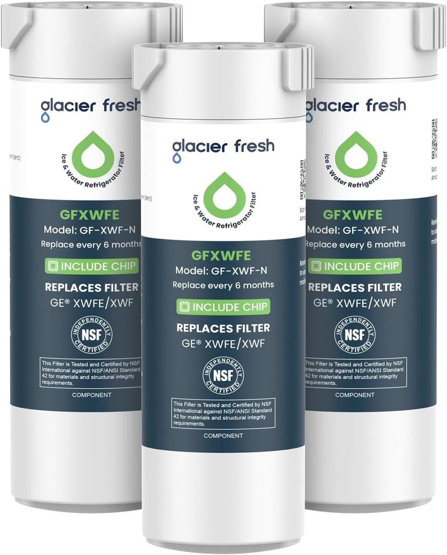 GLACIER FRESH Water Filter Compatible with XWFE (Built-in CHIP), Replacement for GE XWFE, XWF Refrigerator Water Filter NSF/ANSI 42 Certification Pack of 3 GLACIER FRESH Water Filter Compatible with XWFE (Built-in CHIP), Replacement for GE XWFE, XWF Refrigerator Water Filter NSF/ANSI 42 Certification Pack of 3
