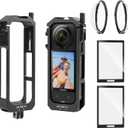 Insta 360 X5 Aluminum Frame Cage Case Bag Premium Glass Lens Guard Set Screen Protector for Insta360 X5 X 5 Accessories Kit Anti-Scratch Metal Shell Protective Film Cover (Black)