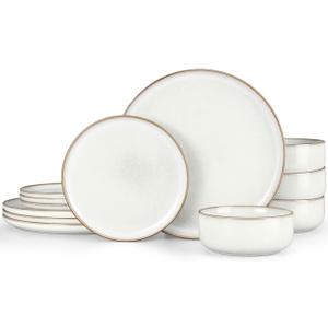 Herogo Plates and Bowls Sets for 4, 12 Pieces Stoneware Dinnerware Sets, Double Reactive Glaze, Microwave & Dishwasher Safe, Scratch Resistant, Ivory White