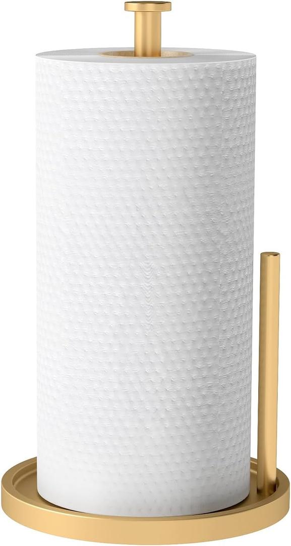 Paper Towel Holder Countertop, Standing Paper Roll Holder with Anti Slip Weighted Base, Stainless Steel Freestanding Paper Towel Holder for Kitchen, Gold