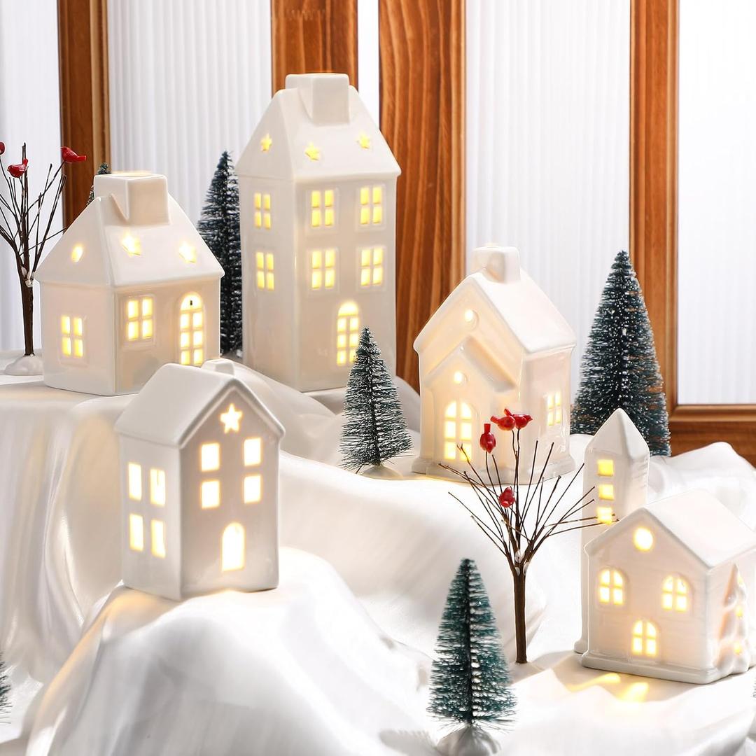 24 Pcs Christmas Village House LED Lighted Village Set Mini Christmas Tree Ceramic House Streetlight Branches Winter Accessories Ornament for Xmas Desktop Decor(5 Style)