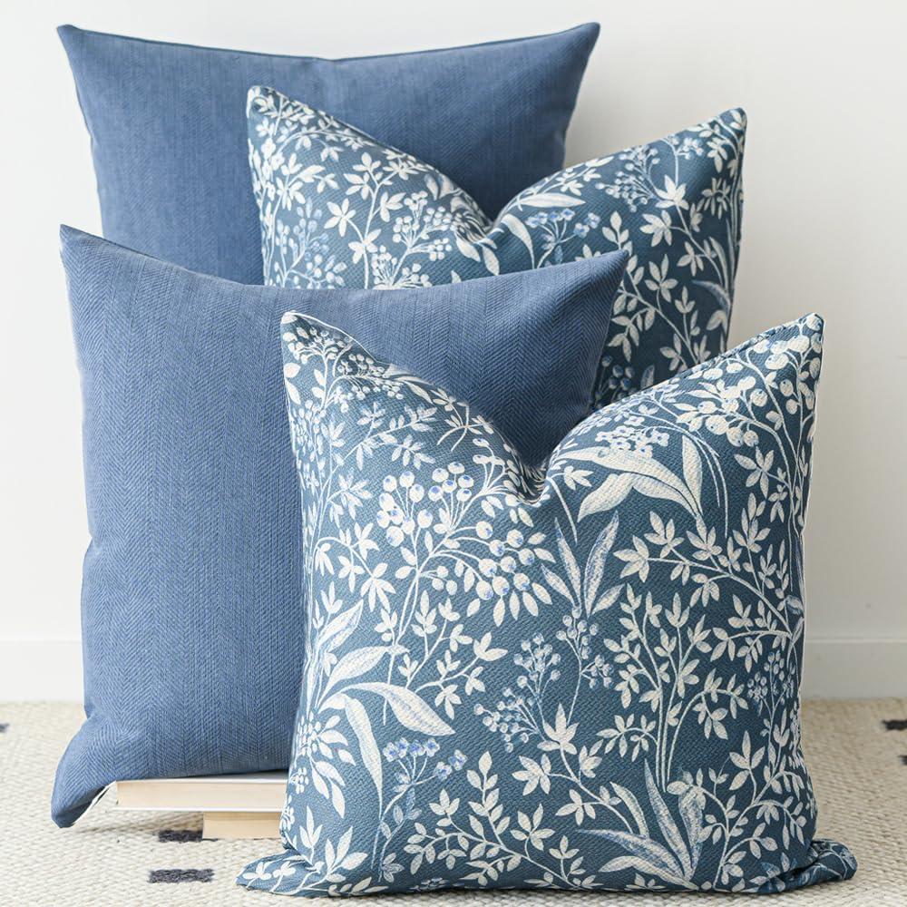 Komollocoe Decorative Throw Pillow Covers Set of 4 Modern Boho Couch Pillow Covers for Sofa Living Room Bed Home Decor(Botanical Blue, 18" x 18" (Pack of 4))