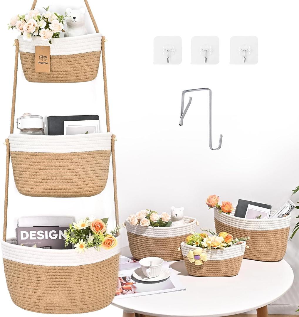 Hanging Storage Baskets, Over The Door Basket, Cotton Wall Baskets Storage, Hanging Door Basket with 4 Hooks (Jute&white)
