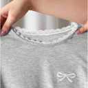 RoseSeek Girl's Bow Embroidery Long Sleeve T Shirts Lace Trim Crew Neck Ruched Cute Tee Tops Fall Clothes (Gray)