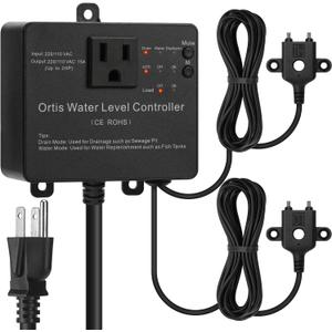 Hi-Lo Sump Pump Switch, Ortis Electronic Adjustable Float Switch Controller with Dual Sensors, Strong Corrosion Resistance, Ideal for Sewage pits, Fish Tank, Water Tank, 220/110 VAC, Black