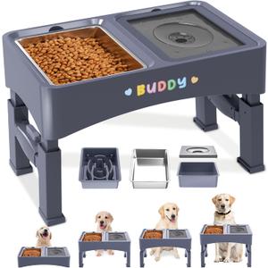 Decflow 3-in-1 Elevated Dog Bowls, 4 Height Adjustable Raised Dog Bowl with Stainless Steel Food Bowl, Slow Feeder, No Spill Water Bowls for Medium Large Dogs (Blue)