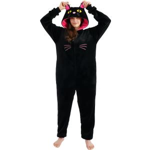 UiopSo Unisex Adult Onesie Pajamas,Flannel Hooded Sleepwear Halloween Costumes Animal Cosplay Homewear (Small, Black Cat)