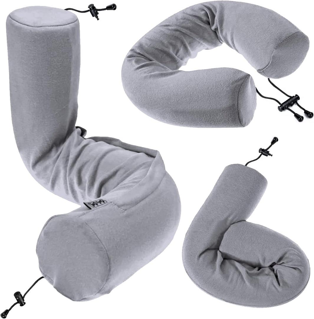 Dot&Dot Twist Memory Foam Travel Pillow for Airplanes - Travel Neck Pillow for Sleeping - Airplane Pillow for Neck Support, Chin, Lumbar and Leg - Adjustable, Bendable Neck Roll Pillow - Gray