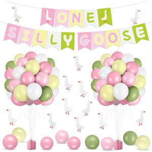 65 Pcs One Silly Goose 1st Birthday Party Decoration Include Silly Goose 1st Banner 12 Inches Balloons and Stickers for First Baby Shower Birthday Party Decorations(Pink Green)