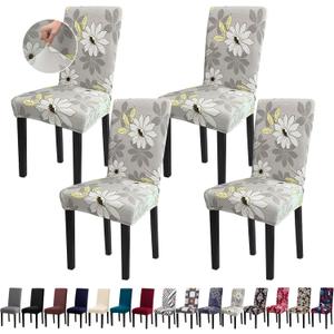 Dining Chair Covers, 4pcs Stretch Kitchen Chair Covers, Removable Washable Chair Slipcovers for Home, Hotel, Banquet (Grey Flower)