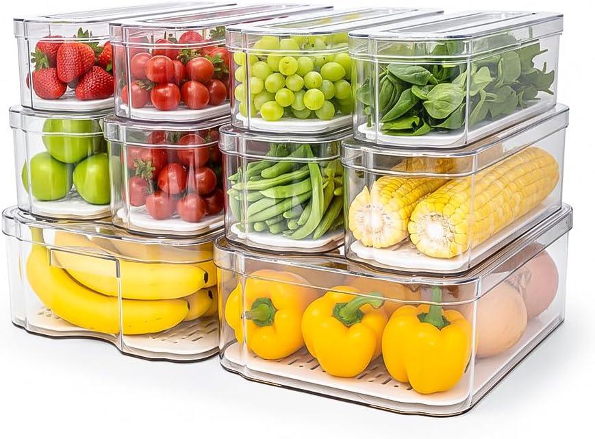 Fridge Organizers and Storage, 10 Pack Clear Freezer Organizer Bins with Lids for Kitchen, Pantry, Refrigerator, Food, Fruit, Vegetable Storage (10 Bins (No Pull-out Drawer))