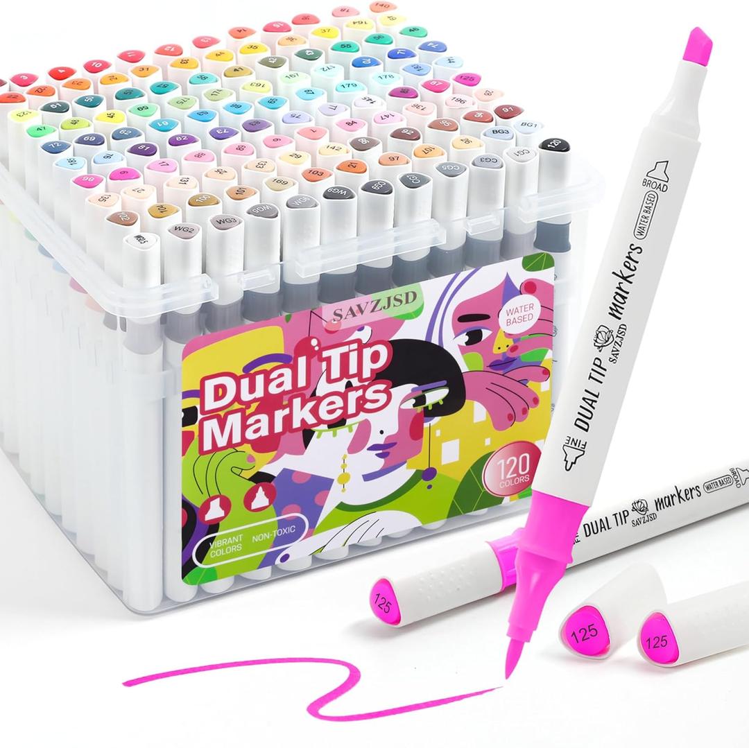 [Water-Based Ink] 120 Colors Dual Tip Markers Set, Brush & Chisel Double Tipped Art Markers for Kids Adults Beginners & Artists in Coloring, Painting