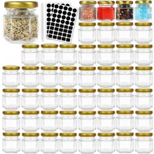 STARSIDE 48 Pack 1.5 oz Hexagon Glass Canning Jars with Gold Lids, Mini Jam Jars for Honey,Sauce,Wedding Favors,DIY Small Spice Jars. Include 1 Pen and 80 Labels