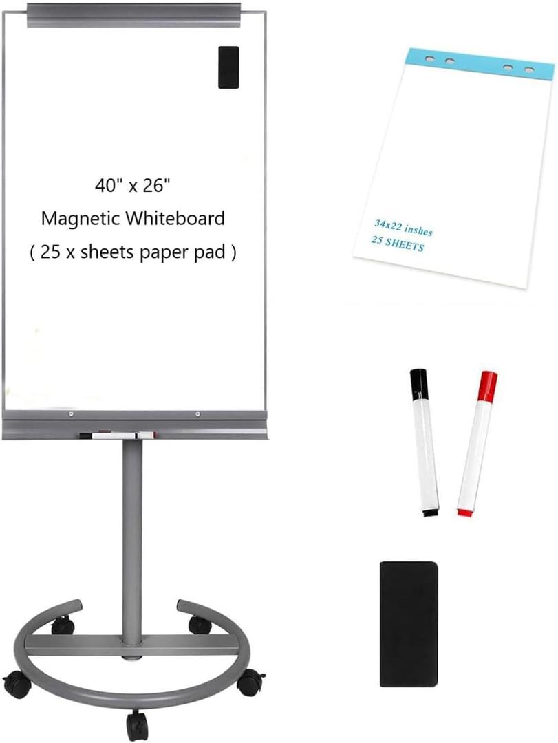 BIBOC Mobile Dry Erase Board  40x26 inches Magnetic Portable Whiteboard Stand Adjustable Easel White Board Flipchart Easel Board with 25 Sheets Paper Pad 1 Eraser, 2Markers