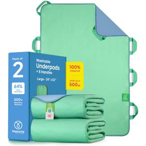 Improvia Positioning Bed Pad, with 8 Reinforced Handles, Quick-Drying, Washable, Waterproof, for Lifting, Turning, Transfering, Elderly and Incontinence Patients (Green, Pack of 2)