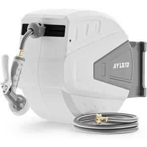 Ayleid Retractable Garden Hose Reel,1/2 in x 130 ft Wall Mounted Hose Reel, with 9- Function Sprayer Nozzle, Any Length Lock/Slow Return System/Wall Mounted/180Swivel Bracket (Gray)