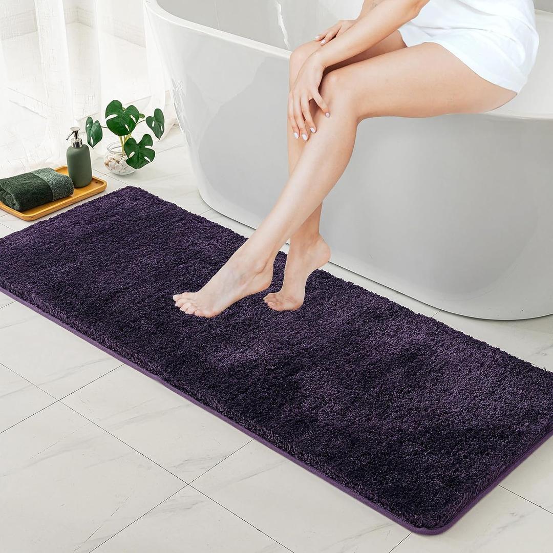 MIULEE Extra Thick Non Slip Bathroom Rug Shaggy Soft Bath Mat Plush Microfiber Absorbent Water for Shower Tub Machine Washable (Dark Purple, 16x48 Inches)