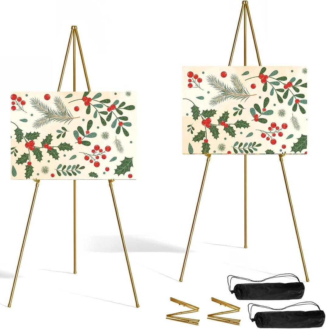 Display Easel Stand for Sign, Lightweight Tripod with Bag, Portable Adjustable Artist Easels for Outdoor Painting Canvas/Posters/Wedding, 2PC Gold