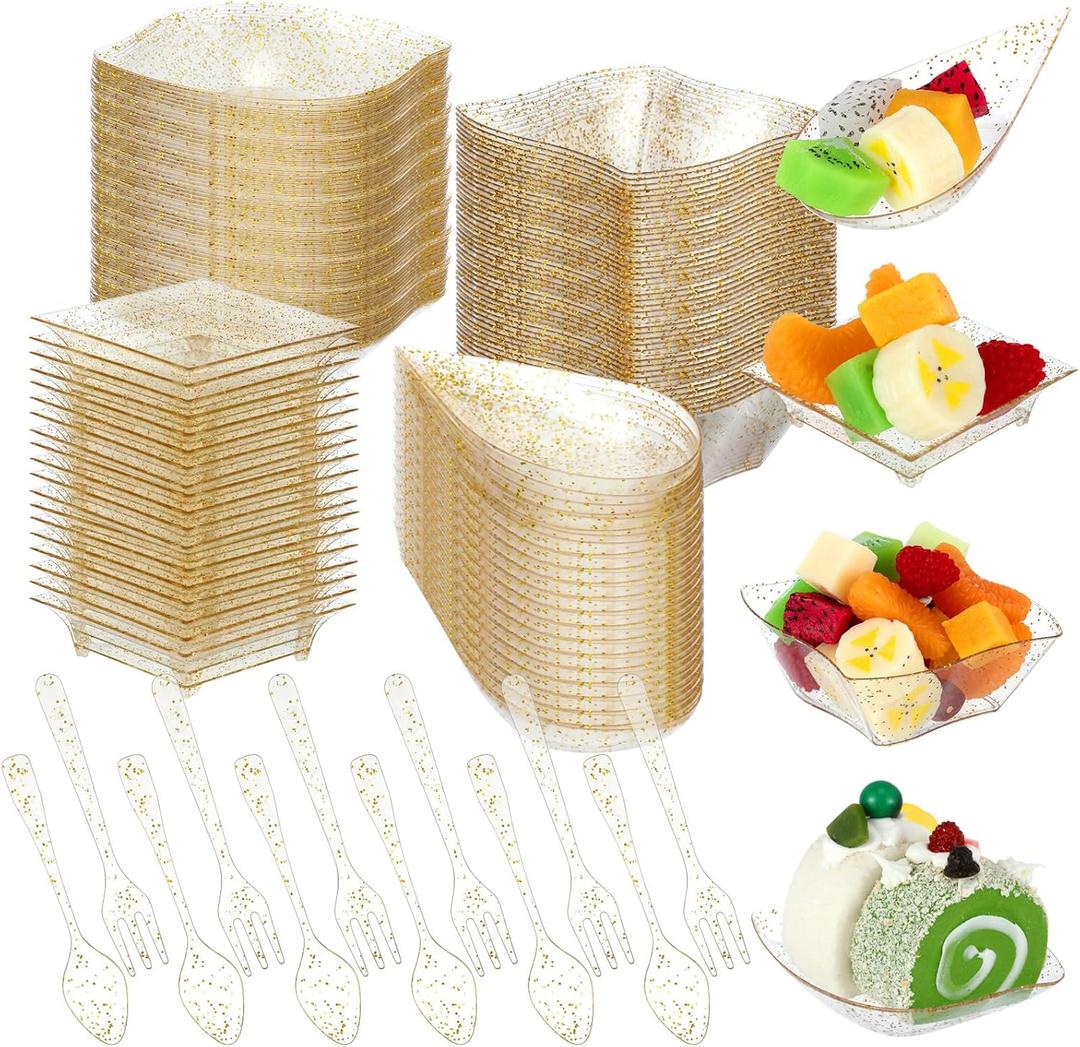 Tessco for you 400 Pcs Mini Appetizer Plates Set Including 200 Disposable Dessert Plates Assorted Shape 100 Mini Plastic Forks 100 Plastic Spoons for Party (Glitter Style, Gold Glitter)