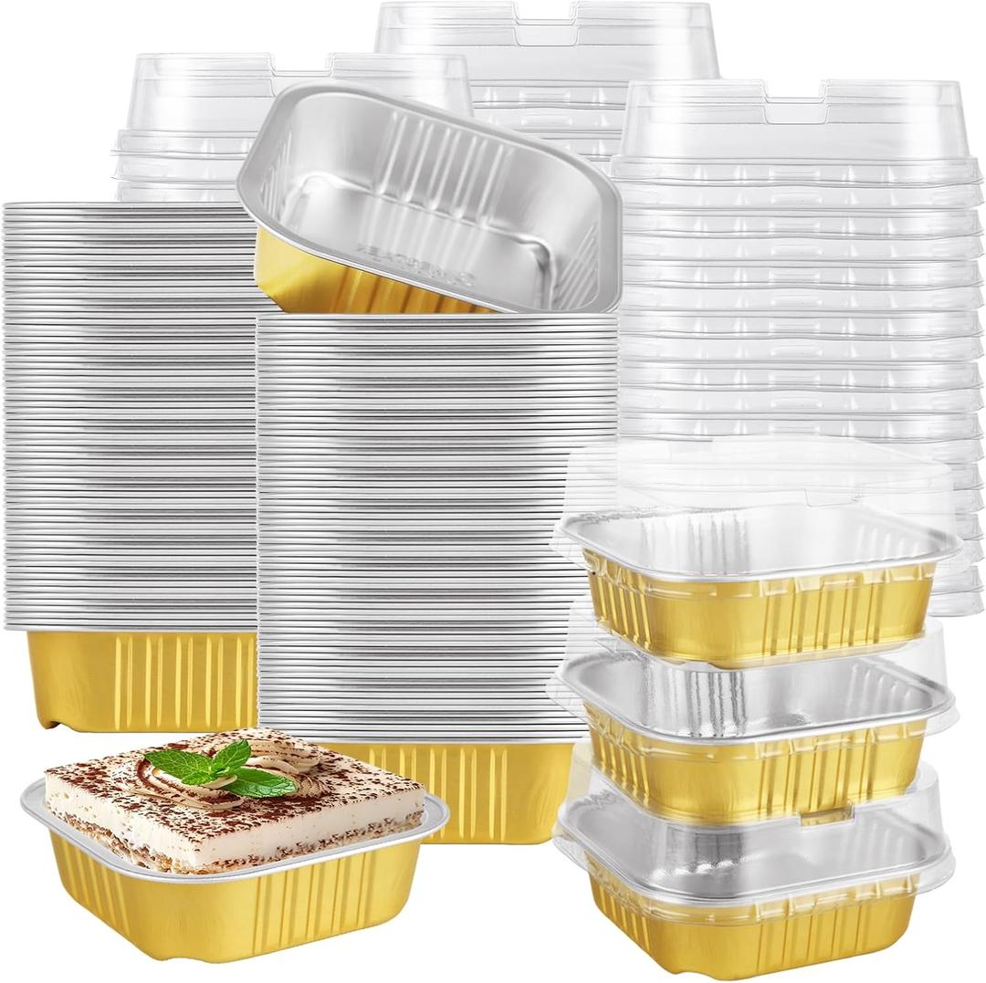 100 PCS Square Mini Cake Pans with Lids 4 Oz Baking Pans with Lids 4 Oz Cake Tins with Lids Aluminum Cupcake Pans with Lids Gold Mini Cake Loaf Pans with Lids Disposable Cupcake Tins with Lids