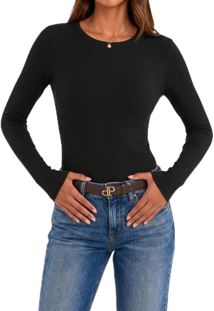 Women's Long Sleeve Rib Knit Slim Fit T-Shirt, Basic Casual Top, Underscrubs Layer, Fall Outfit (L)