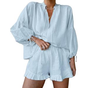 Mxiqqpltky Linen Shorts Sets Women 2 Piece Outfits Long Sleeve Tie Front Tops and Ruffled Boxer Shorts Matching Lounge Sets, S