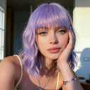Light Purple Wigs with Bangs for Women,Shoulder Length Short Wavy Bob Wigs With Bangs Synthetic Bob Wig Curly Lavender Wig Heat Resistant Colorful Wavy Wig Cosplay Fun Wigs For Daily Party.