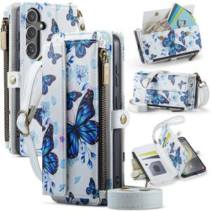 for Samsung Galaxy S24 Case Wallet with RFID Blocking Card Holder Colored Drawing PU Leather Magnetic Snap Flip Zipper Strap Wallet Phone Case Fit for Galaxy S24,Aurora Butterfly