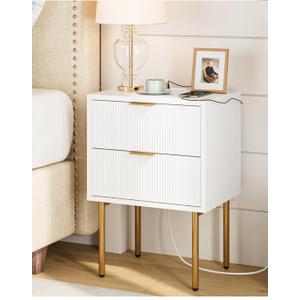 Masupu Nightstand with Charging Station,Mid-Century Modern Bedside Table with 2 Storage Drawer,Small Gold Frame Side End Table for Bedroom,Living Room (White)