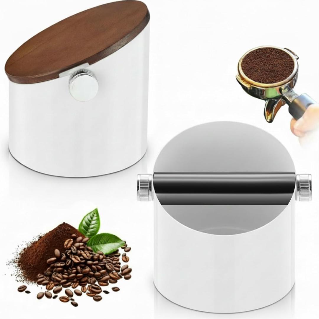Reallnaive Espresso Knock Box with Walnut Lid for Coffee Grounds, Espresso Machine Accessory, Easy Disposal of Coffee Pucks, Removable Knock Bar(White,Round)