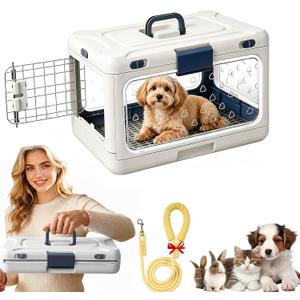 Foldable Hard Cat Carrier, Transparent Pet Crate for Cats & Small Dogs, Collapsible Travel Kennel with Ventilation & Urine Pad Mesh Grid, Portable Travel cage, Essential for pet Travel, White