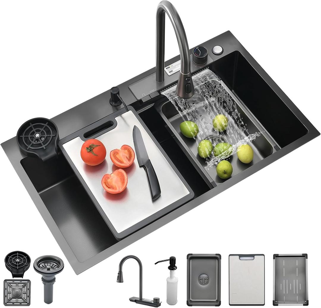 Black Kitchen Sink, 27 Inch Nano Stainless Steel Waterfall, Countertop Workstation Single Sink Set & Accessories, for Countertop, Kitchen, Bar (BLACK, 27 x 18 IN)