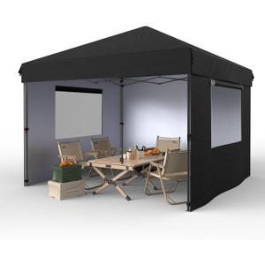 10x10 Pop Up Canopy Tent with 3 Sidewall - One-Button Instant Setup, Heavy-Duty 210D Oxford Fabric & Rust-Proof Frame - 3 Adjustable Heights, Roller Bag, 4 Sandbags - UV Protection for Beach, Party (Black)