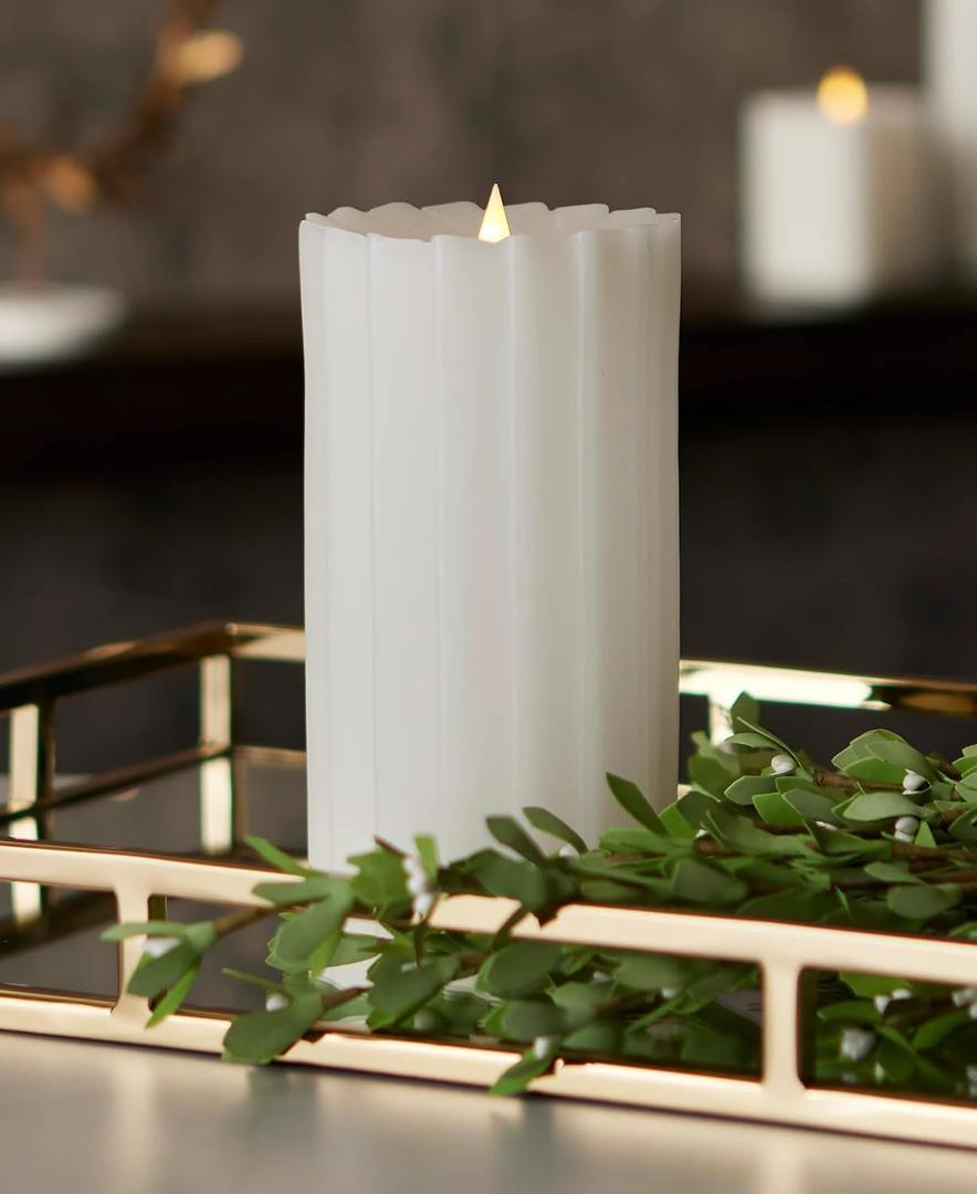 Seasonal LLC Sutton Fluted Seasonal Realistic Motion Flameless Battery Powered Pillar Candle | 3D Moving Flame | Adjustable Brightness | Translucent and Glowing Body Ivory (White, 4x8)