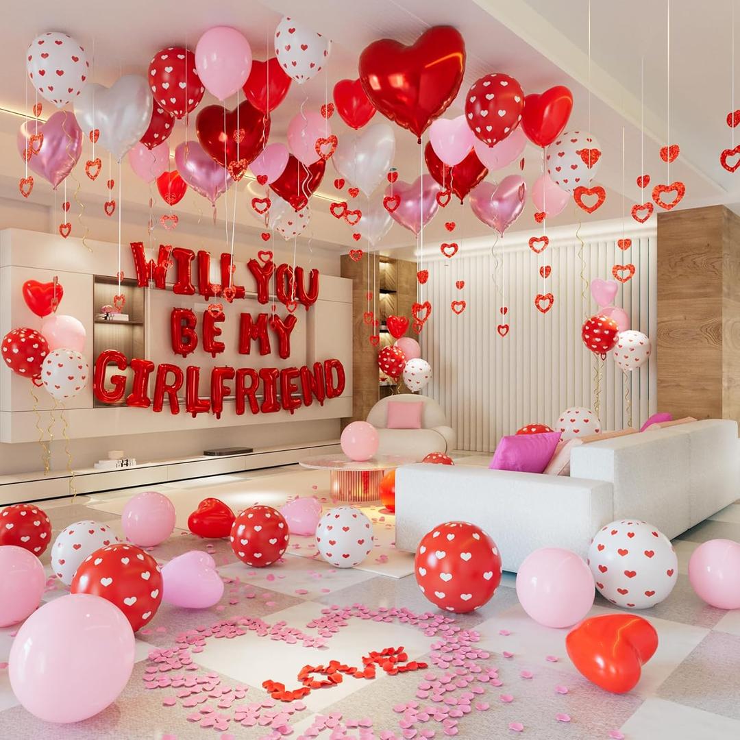 Will You Be My Girlfriend Balloons Sign, Pink Red Rose Petal, Heart Balloons, Valentines Day Decorations, Be My Girlfriend Proposal