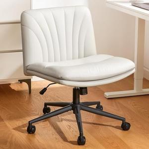 Marsail Armless-Office Desk Chair with Wheels: PU Leather Cross Legged Wide Chair, Comfortable Adjustable Swivel Computer Task Chairs for Home, Office, Make Up, Small Space, Bed Room, (Light Beige)