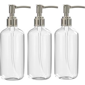 Clear Plastic Soap Dispenser Pump Bottles  3 Pack, 16 Oz  Refillable Hand Soap Dispensers for Bathroom or Kitchen, BPA-Free Boston Round Pump Bottles for Liquid Soap, Dish Soap, Lotion