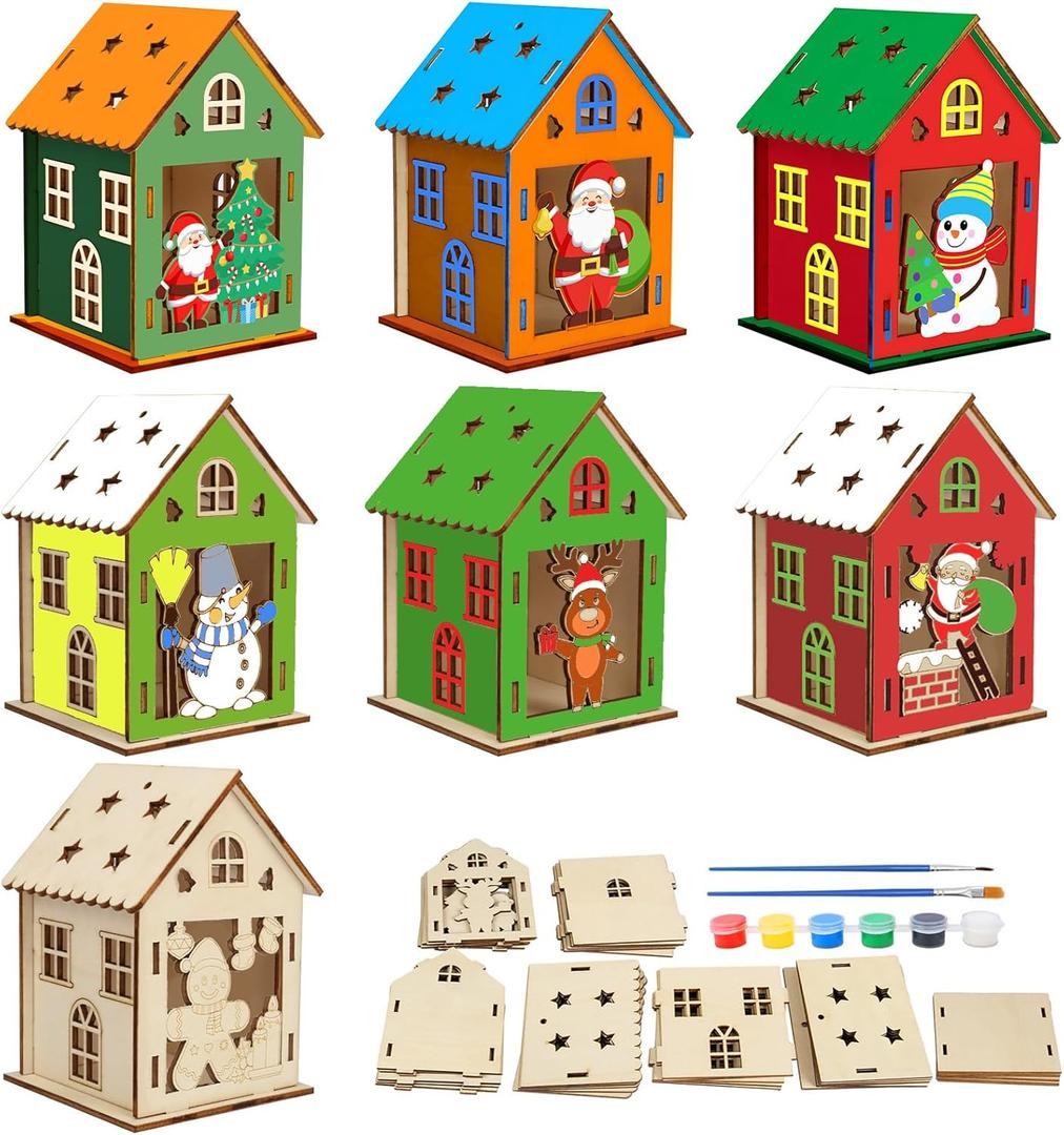 Fennoral 7 Pack Wooden Christmas House Craft Kit for Kids Make You Own 3D Christmas House Kit DIY Paint & Build Art Craft for Art Projiect Xmas Party Decoration