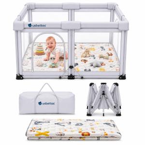 Foldable Baby Playpen with Mat, 50"x50", Light Gray