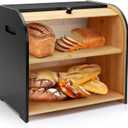 Bread Box for Kitchen Countertop, Double Layer Bamboo Bread Storage Container for Homemade Bread, Roll Top Bread Box with 3 Adjustable Height for Kitchen Counter, Black Breadbox Organizer