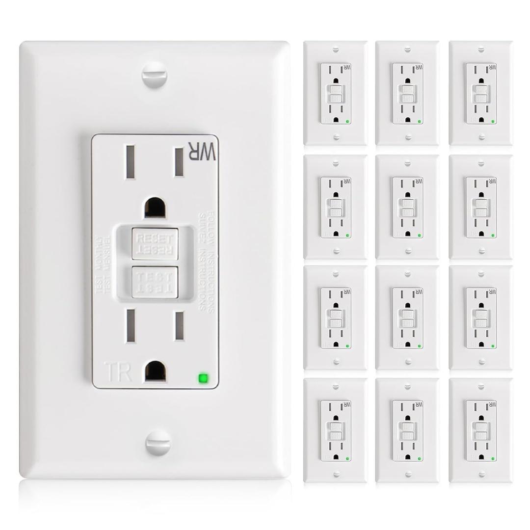 Amico 12 Pack GFCI Outlet 15 Amp with Thinner Design, Weather Resistant (WR), Self-Test GFI Receptacles with LED Indicator, Wall Plates and Screws Included, Indoor or Outdoor, ETL Listed, White