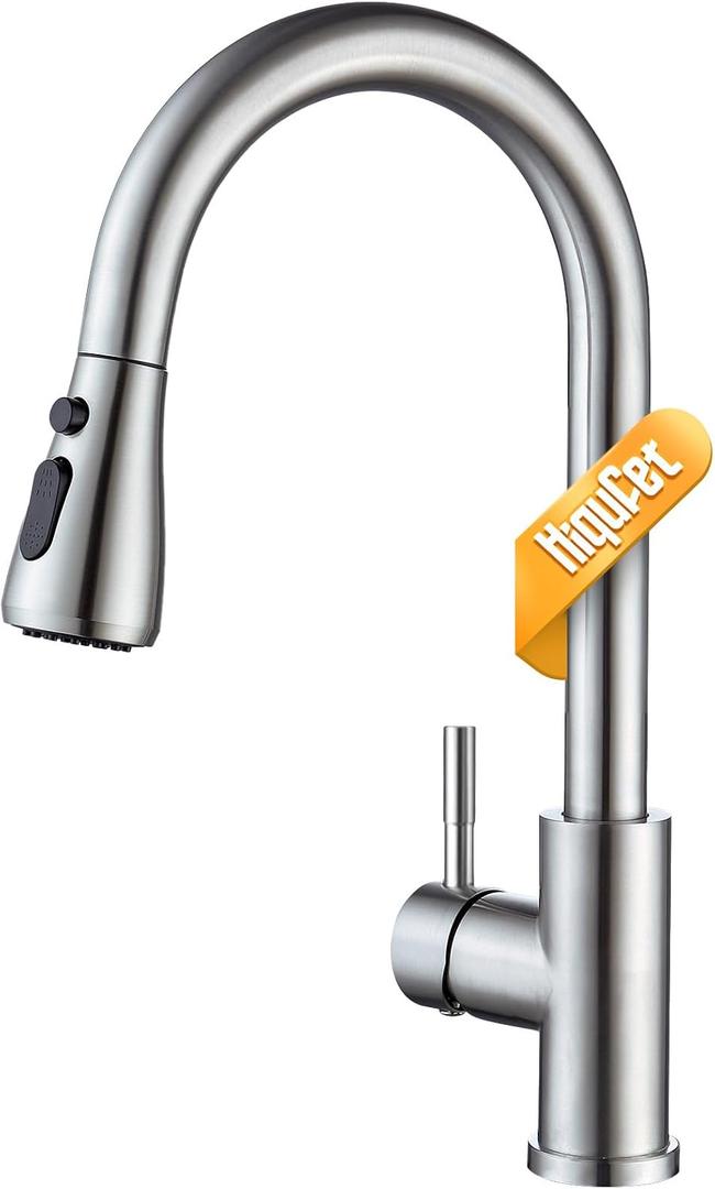 Hiqufet Kitchen Faucet with Pull Down Sprayer, Single Handle High Arc Kitchen Sink Faucet, Lead-Free Stainless Steel Modern Rv Bar Sink Faucets (Brushed Nickel)