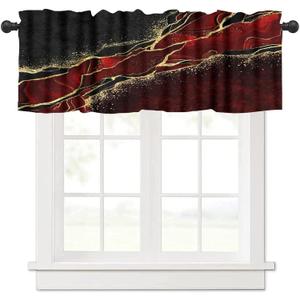 Red Marble Valance Curtain, Abstract Burgundy Maroon Marble Modern Luxury Vintage Black Red Gold Texture Print Blackout Short Window Drape for Kitchen Bedroom Living Room, 54x18inch
