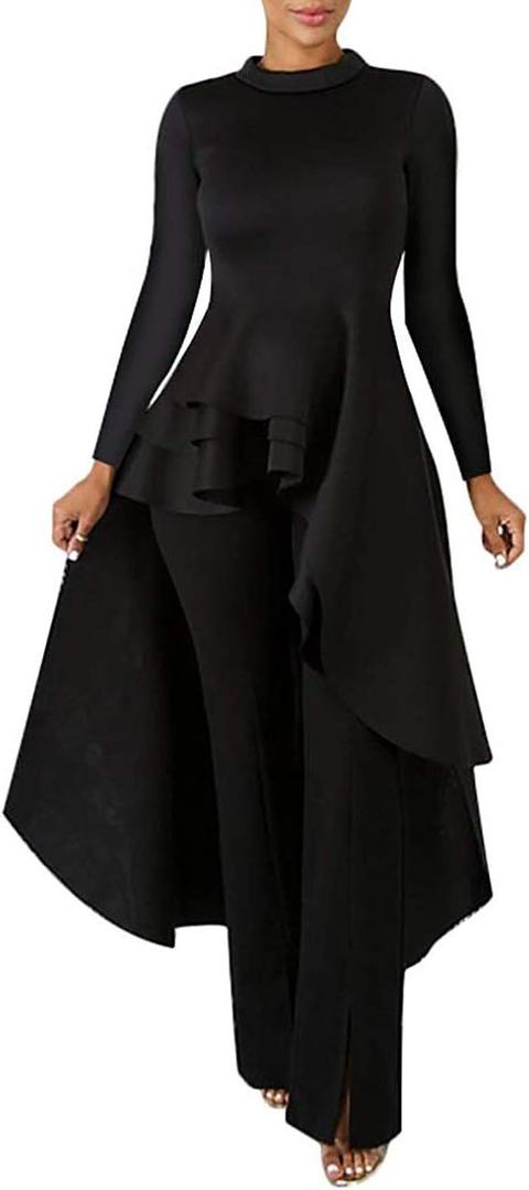 Lrady Women Ruffle High Low Asymmetrical Long Sleeve Peplum Tops Blouse Shirt Dress (Large, 2# Black ( Crew Neck ))