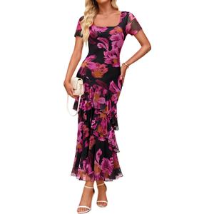 ZESICA Women's Summer Floral Bodycon Maxi Dress 2026 Square Neck Mesh Ruffle Elegant Cocktail Wedding Party Long Dresses, Purple, M