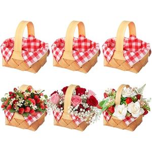 Geelin 6 Pcs Mini Woven Basket with Handle and Red White Gingham Paper Napkins Wood Chip Mini Flower Fruit Picnic Basket Chip for Easter Spring Wedding Party Gift Decoration (Large)
