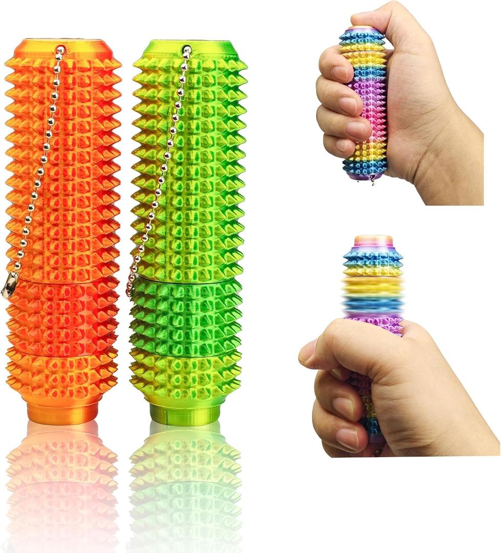 Button Click, Spinners, Pain Stim Fidget Toy, 3-in-1 Design of Little Ouchies Fidget, Mini Fidget Toy for Adults, Spiky Grippie Stim Keychain for Anxiety Relief (2pcs Red & Green)
